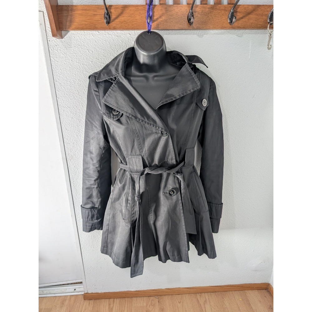 VIA SPIGA W Petite Hooded Rain Coat Jacket Pleated Black‎ Sz S Removable Hood